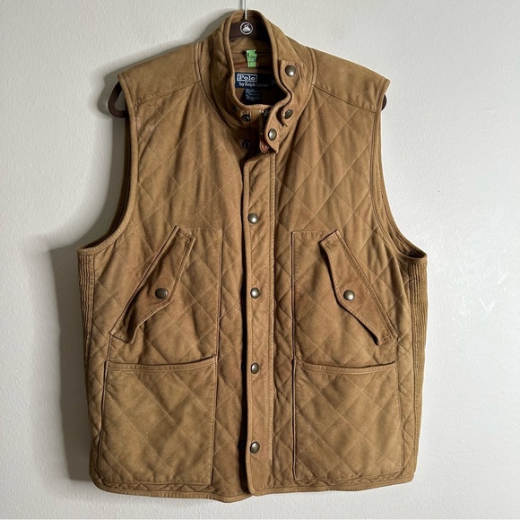 Polo Ralph Lauren Racquet Club Multi Pocket Leather‎ Vest Lined Quilted Tan XL